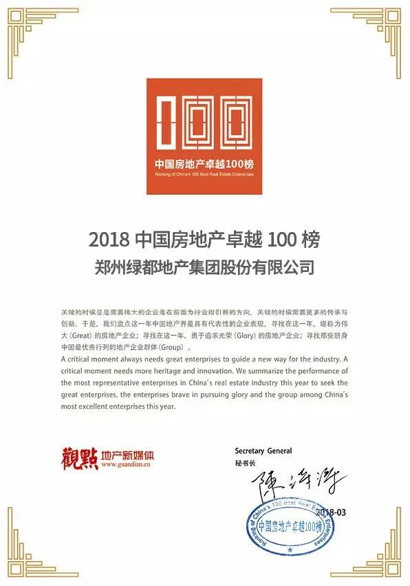 再获佳绩，，，，，豪运国际地产荣登“2018中国房地产卓越100榜”